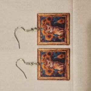 Cat in Sunflower Field Earrings – 1" Square Acrylic, Stainless Steel Hooks, Whim